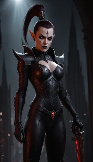 A dark and alluring female Dark Eldar warrior, clad in sleek, sinister armor with sharp edges and dark metallic tones, glowing red eyes, intricate alien tattoos, wielding a wicked curved blade and a splinter pistol, standing confidently in the shadowy, gothic cityscape of Commorragh, with a background of dark spires and eerie glowing lights, exuding deadly elegance and malevolent grace, highly detailed, fantasy sci-fi art, dramatic lighting, <lora:Drukhari-000006:.8>