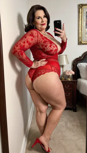 sexy granny 70 years old, dark brunette hair, medium hair, very glamour, big hoop earrings, necklace, fat bbw chubby, huge culottes, extreme small tiny boobs, very tiny little tits, at the fancy room, selfie, full body view, looking at the camera, sexy naught smile face, mules sexy heels, charming, very hot and horny, very high waisted sexy red flowered long sleeve lingerie, heavy make up, the most high waisted sexy underpants lingerie in the world, showing her butt and back, back body view