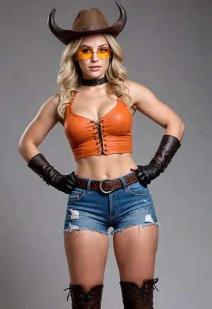 Confident woman, super heroine, muscular build, strong physique, playful/mischievous expression, wavy blonde hair, orange-tinted glasses, large curved black horns on her head like a bull, cropped sleeveless lace-up brown top, midriff, distressed blue denim shorts with frayed edges, leather belt with a large decorative buckle, long brown leather gloves, saluting, brown cowboy hat hanging behind her head, tall brown cowboy-style boots with yellow accents
