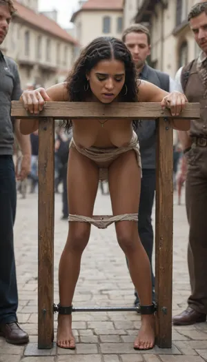 A German medieval market, very well attended, on a pedestal, (African girl), public humiliation, sad and ashamed, eyes closed because she is ashamed, tears, long hair, uncomfortable, sexist, painful, (bent over), on a pillory, bound with many leather straps, legs spread with a spreader bar, skirt pushed up, panties pulled down, labia and clitoris visible, also the breasts exposed, (they hang), all the men watch, they have fun., (Rough men's hands grope the breasts 1:1)