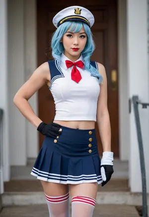 Japanese woman, super heroine, confident, light blue hair styled with side-locks, fin-like mechanical ear pieces, sailor-inspired outfit, white sailor hat with black accents, navy blue and white sleeveless sailor top, red necktie, navy blue skirt with gold buttons and slits in the front, navy blue gloves with white stripes and cuffs, shiny gray tights, gray shoes with ankle straps, hands on her hips, bold/assertive attitude