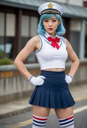 Japanese woman, super heroine, mid twenties, confident, light blue hair styled with side-locks, fin-like mechanical ear pieces, sailor-inspired outfit, white sailor hat with black accents, navy blue and white sleeveless sailor top, red necktie, navy blue skirt with gold buttons and slits in the front, navy blue gloves with white stripes and cuffs, shiny gray leggings, gray shoes with ankle straps, hands on her hips, bold/assertive attitude