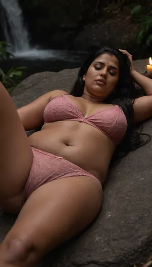 Indian woman, age 35, voluptuous hourglass figure curvy body, chubby body, big boobs, black long hair, black eyes, Pov man spreading a Sleeping fit milf lying on her back on the rock, She is wearing a very short pink lace nightgown, the hem of the nightgown is pulled up, and her pusssy is fully exposed, above pusy view, cum on pusssy, on leg on side, focus on pusssy, jungle, outdoor, near waterfall, candle light, night, dark