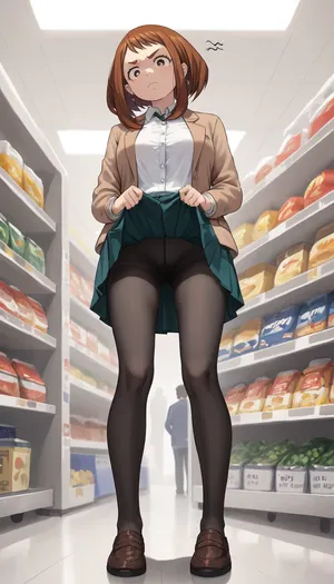 Ochako Uraraka, Surrender by man, view from below, from below, 1girl, solo, collared white shirt, buttoned jacket, pleated skirt, skirt lift, lifted by self, annoyed, black pantyhose, full body, in supermarket, <lora:skirt lift XL V2:.5>