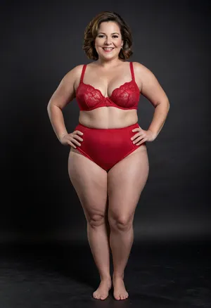 Lu, realistic full body portrait photo a mature chubby woman, double chin, 50 years old Woman, short brunette balayage hair, big smile, looking at viewer, eye contact, (solid blank dark background:1.3), full body shoot, film grain, Chubby, Plump, Fat, Rolls, milf, (full coverage, high-waist, high-cut, big, wide, fullback, red panty, full-briefs, wearing), back_view, photo, from, behind, looking_at_viewer