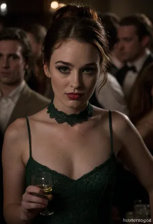Close up of face with 150mm lens from 3/4 view, Jodi Taylor is standing with a glass of white wine, hair in bun, in sheer elegant formal dress in front of an out of focus background crowd of clothed people. Jodi is looking at her wine. Jodi is not looking at viewer, lace choker, heavy green eyeshadow, heavy eyeliner, mascara, heavy lipstick, Jodi is brightly lit while the rest of the scene is very dark, standing, joditaylor, <lora:crowd_notrigger:1.2>, <lora:dark:1>, <lora:joditaylor:2>