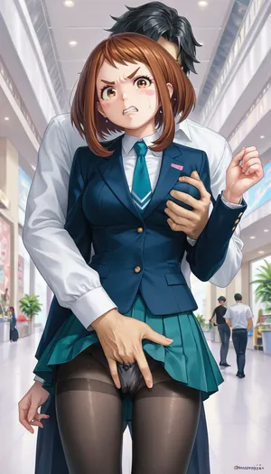Angry, Ochako Uraraka, (groping her exposed pussy + fingering pussy), white collared shirt, pleated skirt, Black pantyhose, black hair male fingering through clothes, male hand in female panties, standing, mall background, (Comfyui with controlnet), Model