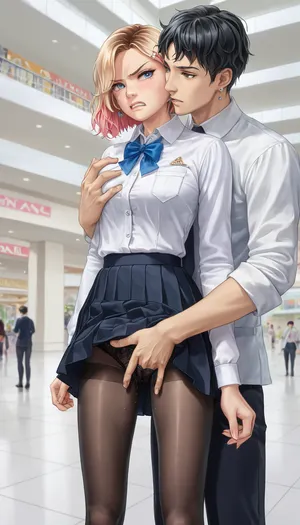 Angry, Gwen Stacy, (groping her exposed pussy + fingering pussy), white collared shirt, pleated skirt, Black pantyhose, black hair male fingering through clothes, male hand in female panties, standing, mall background, (Comfyui with controlnet), Model