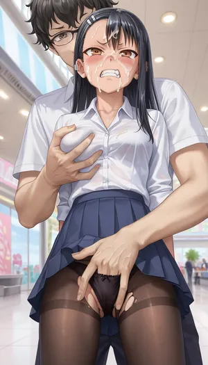 Angry, Hayase Nagatoro, cum on face, (groping her exposed pussy + fingering pussy), white collared shirt, pleated skirt, Black pantyhose, black hair male fingering through clothes, male hand in female panties, standing, mall background, (Comfyui with controlnet), Model