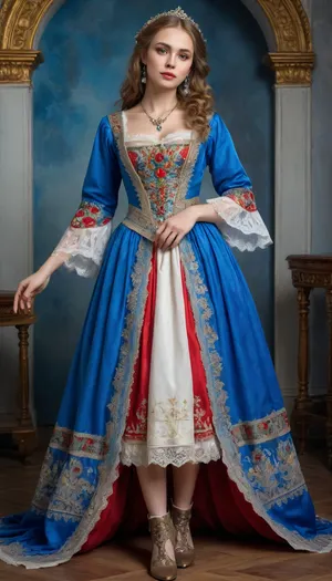Full-length portrait of a Russian beauty in a national costume, lace filigree of bright, saturated color. Very clear, highly detailed watercolor, glaze technique, as well as colored alcohol ink in the style of V. Vasnetsov. She lifts the hem of her dress with her hands, revealing blue lace panties, ((that have dropped to her knees)), . Ultra-high detail, photorealism and crystal clear 32 KB resolution allow you to create a true masterpiece. Full-size image, including boots