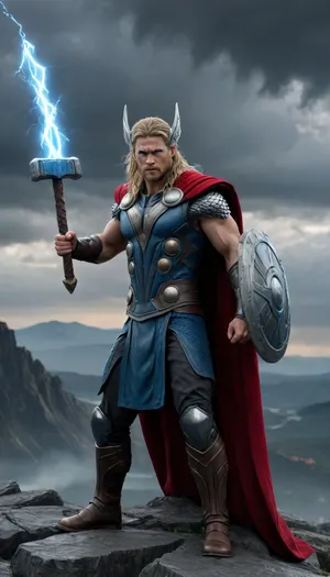 A cinematic masterpiece of Thor, the Norse God of Thunder, a warrior with long blond hair whipped by hurricane-force winds, icy-blue eyes that glow with raw, electric fury, standing atop a shattered mountain beneath a cataclysmic storm. He wears authentic Asgardian armor, a semi-complete Valkyrie helmet, battle-scarred with glowing runic carvings, a red cape, and rain-soaked leather straps. In his right hand, Mjolnir explodes with genuine blue-white lightning that arcs into the sky, runes pulsing with power. His hand, a lightning bolt that splits the apocalyptic storm clouds, rain streaks and electrical plasma illuminate his ultra-detailed chiseled face, the pores of his skin and the slick of sweat. Full frontal shot, sharp focus in 8K full body, hands with perfect anatomy and glowing Mjolnir runes, deep depth of field with a dramatic stormy, blurred horizon. Romantic photorealism with cinematic intensity, 100mm f/1.8 prime lens, high dynamic range, electric blue, stormy gray and deep gold palette, noise-free, hyper-detailed textures. LoRA, RealisticVision + EpicFantasyStyle + LightningMaster, (if supported), elegant., Mjölnir, thor, hammer, <lora:Mjölnir XL-gmr:.8>