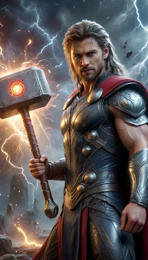 Un poderoso Thor, dios del trueno, cuerpo completo, sosteniendo firmemente el martillo Mjolnir com ambas manos, detalles del martillo Mjolnir ultraprecisos, textura de hierro antiguo, runas mágicas brillantes, relámpagos eléctricos rodeando el mango, fotorrealismo extremo, 8K, calidad premium, obra maestra. Primer plano centrado, piel con textura auténtica resaltada por iluminación dramática y épica. Armadura nórdica detallada con brillos metálicos y reflejos. Rostro perfectamente detallado expresando determinación feroz, cuerpo musculoso anatómicamente preciso en posición dominante. Ambiente místico con fondo nebuloso evocando el Valhalla. Textura impecable de tela y pliegues con claridad cristalina. Cuerpo completo plano completo Iluminación cinematográfica creando sombras profundas que definen cada músculo. Pose dinámica y poderosa, cabello rubio detallado ondeando con el viento. Hiperrealista con influencias de arte clásico, enfoque nítido, textura de piel hiperrealista, expresiones faciales detalladas, anatomía facial intrincada, profundidad de campo cinematográfica, composición impactante, contraste profundo, colores vibrantes e intensos., Mjolnir, Mjölnir, thor, hammer, lighting_thunder, lightning, electricity, glowing, <lora:XL_Weapon_Mjolnir_-_By_HailoKnight:.8>, <lora:Mjölnir XL-gmr:.9>, <lora:lighting_thunder:.1>