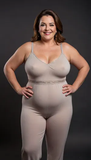 (mature), portrait photo a mature bbw woman, fair skin, double chin, 50 years old Woman, brunette, big smile, looking at viewer, (solid dark background), full waist full body view shoot, film grain, style by Flora Borsi, with, pokies, OverallDetail, light gray sleeveless spaghetti strap jumpsuit, (cameltoe:1.3), plump pelvis, ((captivating eyes))