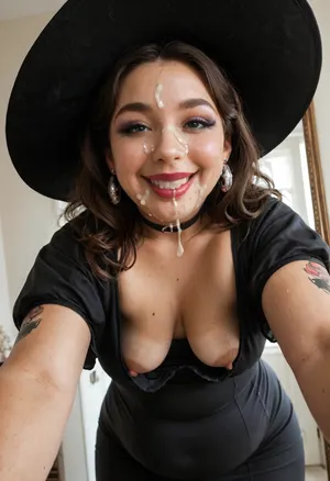 stylish mirror cum selfie featuring an 42 year old mature witch, (fully clothed), She’s dressed in a, ((black Halloween witch costume)), witch hat, (very tight bodycon dress), muffin top, (posing proudly displaying cumshot on face and tits), open mouth, cum in mouth, cum in eye, ruined mascara, ruined makup, fully clothed, Her bedroom has a modern aesthetic, with a large mirror, and soft lighting that enhances the pastel colors around her. The angle of the shot is slightly tilted, capturing a proud slut vibe, (gilf:.7), cute face, sbbw, straight dark brunette hair, blue detailed eyes, make up, lipstick, (tattoos), arm tattoos, thick arms, sagging stretched small size boobs, saggy, (low sagging stretched deflated breasts), separated small breasts, flirting sexy smile, chubby, plump, obese, hanging, down blouse, realistic detailed eyes, (cum on face:1.33), <lora:RealDownblouseXL2:.8>, <lora:facialized:1>, <lora:JustCum:1.9>