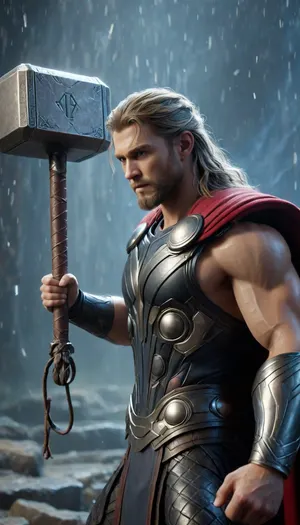Thor, dios del trueno, cuerpo completo, sosteniendo firmemente el martillo Mjolnir com ambas manos, detalles del martillo Mjolnir ultraprecisos, textura de hierro antiguo, runas mágicas brillantes, fotorrealismo extremo, 8K, calidad premium, obra maestra. Primer plano centrado, piel con textura auténtica resaltada por iluminación dramática y épica. Armadura nórdica detallada con brillos metálicos y reflejos. Rostro perfectamente detallado expresando determinación feroz, cuerpo musculoso anatómicamente preciso en posición dominante. Ambiente místico con fondo nebuloso evocando el Valhalla. Textura impecable de tela y pliegues con claridad cristalina. Cuerpo completo plano completo Iluminación cinematográfica creando sombras profundas que definen cada músculo. Pose dinámica y poderosa, cabello rubio detallado ondeando con el viento. Hiperrealista con influencias de arte clásico, enfoque nítido, textura de piel hiperrealista, expresiones faciales detalladas, anatomía facial intrincada, profundidad de campo cinematográfica, composición impactante, contraste profundo, colores vibrantes e intensos., Mjolnir, Mjölnir, thor, hammer, <lora:XL_Weapon_Mjolnir_-_By_HailoKnight:1.1>, <lora:Mjölnir XL-gmr:.8>