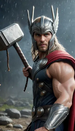 Un poderoso Thor, dios del trueno, cuerpo completo, sosteniendo firmemente el martillo Mjolnir com ambas manos, detalles del martillo Mjolnir ultraprecisos, textura de hierro antiguo, runas mágicas brillantes, relámpagos eléctricos rodeando el mango, fotorrealismo extremo, 8K, calidad premium, obra maestra. Primer plano centrado, piel con textura auténtica resaltada por iluminación dramática y épica. Armadura nórdica detallada con brillos metálicos y reflejos. Rostro perfectamente detallado expresando determinación feroz, cuerpo musculoso anatómicamente preciso en posición dominante. Ambiente místico con fondo nebuloso evocando el Valhalla. Textura impecable de tela y pliegues con claridad cristalina. Cuerpo completo plano completo Iluminación cinematográfica creando sombras profundas que definen cada músculo. Pose dinámica y poderosa, cabello rubio detallado ondeando con el viento. Hiperrealista con influencias de arte clásico, enfoque nítido, textura de piel hiperrealista, expresiones faciales detalladas, anatomía facial intrincada, profundidad de campo cinematográfica, composición impactante, contraste profundo, colores vibrantes e intensos., Mjolnir, <lora:XL_Weapon_Mjolnir_-_By_HailoKnight:.8>, Mjölnir, thor, hammer, <lora:Mjölnir XL-gmr:.8>