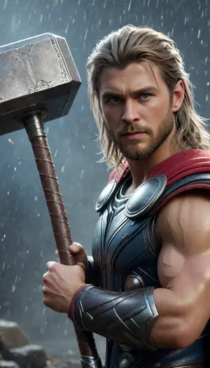 Un poderoso Thor, dios del trueno, cuerpo completo, sosteniendo firmemente el martillo Mjolnir com ambas manos, detalles del martillo Mjolnir ultraprecisos, textura de hierro antiguo, runas mágicas brillantes, relámpagos eléctricos rodeando el mango, fotorrealismo extremo, 8K, calidad premium, obra maestra. Primer plano centrado, piel con textura auténtica resaltada por iluminación dramática y épica. Armadura nórdica detallada con brillos metálicos y reflejos. Rostro perfectamente detallado expresando determinación feroz, cuerpo musculoso anatómicamente preciso en posición dominante. Ambiente místico con fondo nebuloso evocando el Valhalla. Textura impecable de tela y pliegues con claridad cristalina. Cuerpo completo plano completo Iluminación cinematográfica creando sombras profundas que definen cada músculo. Pose dinámica y poderosa, cabello rubio detallado ondeando con el viento. Hiperrealista con influencias de arte clásico, enfoque nítido, textura de piel hiperrealista, expresiones faciales detalladas, anatomía facial intrincada, profundidad de campo cinematográfica, composición impactante, contraste profundo, colores vibrantes e intensos., Mjolnir, <lora:XL_Weapon_Mjolnir_-_By_HailoKnight:.8>, Mjölnir, thor, hammer, <lora:Mjölnir XL-gmr:.8>