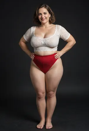 Lu, realistic full body portrait photo a mature chubby woman, double chin, 50 years old Woman, lush brunette hair, big smile, looking at viewer, eye contact, (solid blank dark background:1.3), full body shoot, film grain, Chubby, Plump, Fat, Rolls, milf, (full coverage, high-waist, high-cut, big, wide, fullback, red panty, full-briefs, wearing), big, hips, thick, thighs, plump pelvis, <lora:potrait-woman-v2:.8>