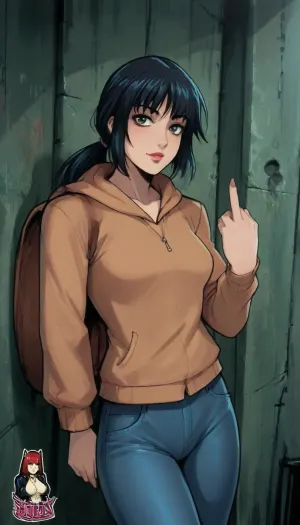 (reiq meets markgavatino artstyle:1.6), 30 years old woman with glamorous goth makeup, lipstick, wearing tight jeans and a beige hooded sweatshirt and backpack, black hair, ponytail, looking at viewer, alluring, inviting, (standing), doodle, ratatatat74, double, middle, finger, <lora:cutedoodle_XL-000012:2>, <lora:ratatatat74-000050:2>, <lora:NEOTOKIOXL_0.2_RC:2>, <lora:outline_xl_kohaku_delta_spv5x:2>, <lora:doublemiddlefingerXLv1:.4>