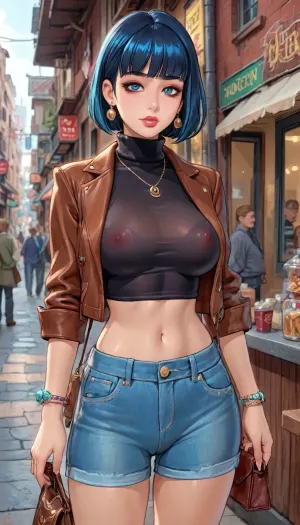 (reiq style:1), Blue Hair full bangs Bob cut, ((professional strong makeup)), ((detailed see through)), big breasts, (Brown leather Jacket), ((see through:1.5), black turtleneck sweater), (open:1), Low Rise Denim Shorts Sexy Cut Off Mini Hot Pants, (small purse), earrings, rings, necklace, bracelet, ((midriff)), perfect Ass, ((dynamic seductive pose)), seductive, ((in Public outdoor)), cafe setting, from front, ((exposing small blue pubic hair, small pussy)), pulled down shorts

Melkor Mancin artstyle, score_9, score_8_up, score_7_up, <lora:LCMTurboMix_Euler_A_fix:.6>, <lora:cartoon_stickers_xl_v1:.8>, <lora:ratatatat74-000050:1.3>, <lora:detailed_notrigger:2>, <lora:add-detail-xl:2>