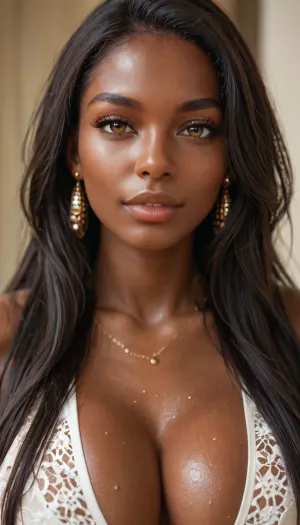 score_9, score_8_up, score_7_up, sexy model, (big ntural breasts), (((straight long hair))), (((big firm breasts:1.1))), (((close front body view))), proper physics, extreme graphic, stunning face, ultra detailed, (((breasts exposed))), african, intense look, hip shot, <lora:attractive_notrigger:2>