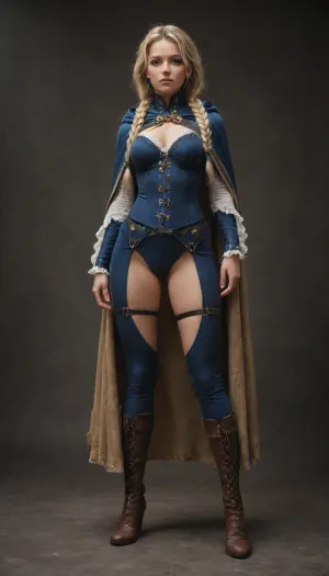beautiful woman, blonde hair braided into long braids, blue eyes, tight multicolored suit, hooded cape, lace-up boots, stands with her legs apart, straps on her feet, steampunk, sci‑fi