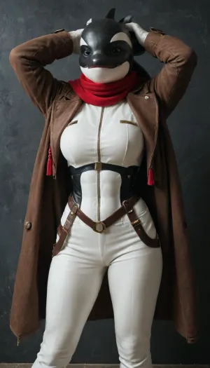 ((Anthro cetacean, orca, killer whale)), (Costume), wearing a Survey Corps uniform, including a dark green cloak, brown leather jacket, white pants, and red scarf, (Physique), large bust, curvy physique, (Accessories), (Background), simple plain wall, (Expression), standing straight in a sexy way, hands over her head, (view), front-straight view, (Image quality), 8k resolution, high definition, ultra high clarity.