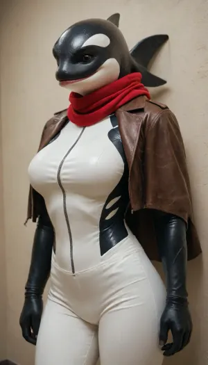 ((Anthro, Character, killer whale)), (Costume), wearing a Survey Corps uniform, including a dark green cloak, brown leather jacket, white pants, and red scarf, (Physique), ((killer whale skin)), large bust, curvy physique, (Accessories), (Background), simple plain wall, (Expression), standing straight in a sexy way, hands over her head, (view), front-straight view, (Image quality), 8k resolution, high definition, ultra high clarity.