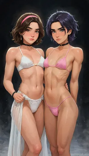 Andava, Andavaverse, Alexis And Angelia Traveling With Their Family Arriving At Sunayama Beach The Picturesque Cove On Miyako Island Known For Its Powdery White Sand, Turquoise Water And Iconic Rock Arch Posing For A Picture.
ALEXIS ROTH, age 23, on the left side, petite fit femboy, Height 5'5, A stylized anime-style featuring a feminine, androgynous anime character with bright-blue eyes, black hair and a pink headband, wearing white bikini with bikini bottom flowing skirt, visible penis bulge, showing toned abs and a relaxed, confident expression, coy smile, black nails, The character is muscular yet slender, flat chest, blending masculine and feminine features.
ANGELIA PELO ROTH, age 21, on the right side, petite model, Height 5'3, A confident young woman with wavy shoulder-length hair dyed in rich two-tone purple with slight magenta-highlights, parted slightly to the side, bright-grey eyes, wearing pink micro bikini, She has a toned body, small breasts, athletic midriff exposed. She accessorizes with a black choker around her neck, a thick black sweatband on one wrist, Her expression is confident and playful, slightly smug or teasing.The aesthetic is alt-girl, modern streetwear with punk/grunge influence.
perfect anatomy, best quality, 8k, insane details, intricate details, hyperdetailed, hyper quality, ultra detailed, professional, HDR, ray tracing reflection, cinematic lighting, highlydetailedbody, realisticface, highlydetailedhair, perfectfingers, insanelydetailed, 8K.highdetailedskin, highresolution, (j_cartoon:1.5), Drawing, Andi, uberfit, muscular, athletic, <lora:467443_training_data:1>, <lora:detailed_notrigger:2>, <lora:samdoesarts1.1-000030:.4>, <lora:J_cartoon:.3>, <lora:Animated_Concept:.4> Andava, Andavaverse, Alexis And Angelia Traveling With Their Family Arriving At Sunayama Beach The Picturesque Cove On Miyako Island Known For Its Powdery White Sand, Turquoise Water And Iconic Rock Arch Posing For A Picture.
ALEXIS ROTH, age 23, on the left side, petite fit femboy, Height 5'5, A stylized anime-style featuring a feminine, androgynous anime character with bright-blue eyes, black hair and a pink headband, wearing white bikini with bikini bottom flowing skirt, visible penis bulge, showing toned abs and a relaxed, confident expression, coy smile, black nails, The character is muscular yet slender, flat chest, blending masculine and feminine features.
ANGELIA PELO ROTH, age 21, on the right side, petite model, Height 5'3, A confident young woman with wavy shoulder-length hair dyed in rich two-tone purple with slight magenta-highlights, parted slightly to the side, bright-grey eyes, wearing pink micro bikini, She has a toned body, small breasts, athletic midriff exposed. She accessorizes with a black choker around her neck, a thick black sweatband on one wrist, Her expression is confident and playful, slightly smug or teasing.The aesthetic is alt-girl, modern streetwear with punk/grunge influence.
perfect anatomy, best quality, 8k, insane details, intricate details, hyperdetailed, hyper quality, ultra detailed, professional, HDR, ray tracing reflection, cinematic lighting, highlydetailedbody, realisticface, highlydetailedhair, perfectfingers, insanelydetailed, 8K.highdetailedskin, highresolution, (j_cartoon:1.5), Drawing, Andi, uberfit, muscular, athletic, <lora:467443_training_data:1>, <lora:detailed_notrigger:2>, <lora:samdoesarts1.1-000030:.4>, <lora:J_cartoon:.3>, <lora:Animated_Concept:.4>