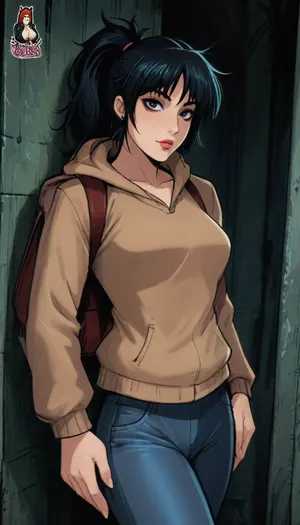 (reiq meets markgavatino artstyle:1.6), 30 years old woman with glamorous goth makeup, lipstick, wearing tight jeans and a beige hooded sweatshirt and backpack, black hair, ponytail, looking at viewer, alluring, inviting, (standing), doodle, ratatatat74, <lora:cutedoodle_XL-000012:2>, <lora:ratatatat74-000050:2>, <lora:NEOTOKIOXL_0.2_RC:2>, <lora:outline_xl_kohaku_delta_spv5x:2>