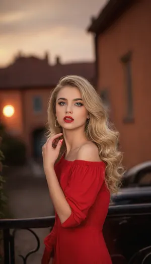 A beautiful blonde woman Realistic, A glamorous woman stands confidently in a vibrant red dress that accentuates her figure. She wears matching red gloves and a wide-brimmed red hat, her long wavy hair gently blowing in the breeze. The background features classic vintage cars and a sunlit street, evoking a lively, retro atmosphere. Her makeup is bold, with red lipstick and dramatic eyes, enhancing her striking beauty. The overall scene exudes a sense of elegance and allure, set against a warm, (inviting backdrop. --ar 1:2), --style raw --v 7, natural skin texture, <lora:add-detail-xl:.8>, <lora:detailed_notrigger:.8>, green, eyes, blue, brown, perfecteyes, <lora:PerfectEyesXL:.8>, raw, lighting, overexposed, harsh, flash, <lora:Rawfully Stylish v0.2_epoch_20:.8>