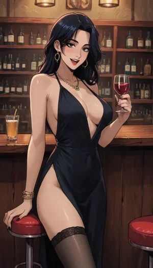 score_9, score_8, reiq meets markgavatino style, 1girl, (drunk1.7), breasts, dress, cup, black_hair, solo, side_slit, drinking_glass, jewelry, cleavage, large_breasts, open_mouth, earrings, bar_, (place), alcohol, black_dress, holding, bottle, smile, stool, bar_stool, plunging_neckline, holding_wine_glass, long_hair, thighs, freckles, black_nails, cocktail_dress, stockings, indoors, makeup, necklace, cute, doodle, ratatatat74, <lora:cutedoodle_XL-000012:.7>, <lora:ratatatat74-000050:.6>, <lora:NEOTOKIOXL_0.2_RC:.6>, <lora:outline_xl_kohaku_delta_spv5x:.6>