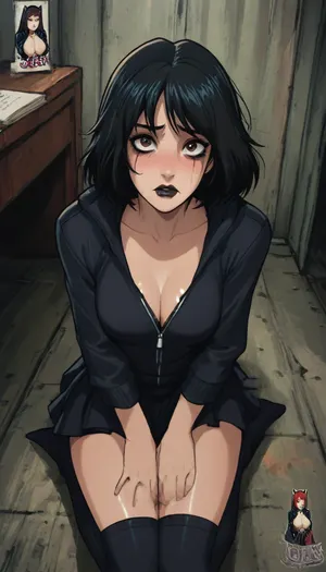 (reiq meets markgavatino artstyle:1.6), 25 year old, woman, chubby, overweight, thickset, heavy goth makeup, black lipstick, piercings, tattoos, wearing skirt, thigh high socks and a black hoodie sweatshirt unzipped all the way, showing bra with bulging cleavage, black hair in a bob, brown eyes, looking at viewer, embarrassed, scared, in office, (on knees beneath you, looking up at you, crying, tears, ruined makeup), male pov, deep perspective, doodle, ratatatat74, <lora:cutedoodle_XL-000012:2>, <lora:ratatatat74-000050:2>, <lora:NEOTOKIOXL_0.2_RC:2>, <lora:outline_xl_kohaku_delta_spv5x:2>