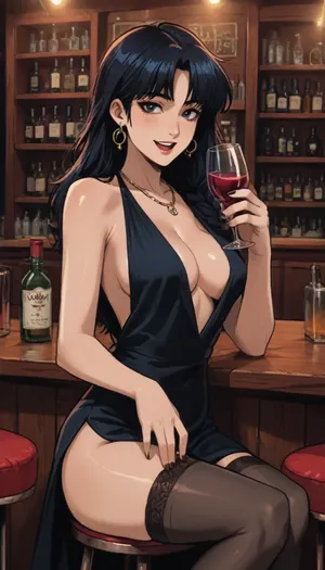 score_9, score_8, reiq meets markgavatino style, 1girl, breasts, dress, cup, black_hair, solo, side_slit, drinking_glass, jewelry, cleavage, large_breasts, open_mouth, earrings, bar_, (place), alcohol, black_dress, holding, bottle, smile, stool, bar_stool, plunging_neckline, holding_wine_glass, long_hair, thighs, freckles, black_nails, cocktail_dress, stockings, indoors, makeup, necklace, cute, doodle, ratatatat74, <lora:cutedoodle_XL-000012:.7>, <lora:ratatatat74-000050:.6>, <lora:NEOTOKIOXL_0.2_RC:.6>, <lora:outline_xl_kohaku_delta_spv5x:.6>