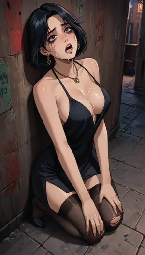 score_9, score_8, reiq meets markgavatino style, ((view from above, deep perspective)), 1girl, breasts, long black hair, side_slit, jewelry, cleavage, large_breasts, open_mouth, earrings, black_dress, plunging_neckline, long_hair, thighs, freckles, black_nails, cocktail dress, panties pulled aside, torn stockings, ((on knees, looking up at you)), ((slumped against wall)), ((behind bar, alleyway, back street, night, at night)), (ruined makeup, crying, tears in eyes), pain, grimacing, ((cum on face, cum leaking from mouth, cum on breasts)), necklace, cute, doodle, ratatatat74, <lora:cutedoodle_XL-000012:.7>, <lora:ratatatat74-000050:.6>, <lora:NEOTOKIOXL_0.2_RC:.6>, <lora:outline_xl_kohaku_delta_spv5x:.6>