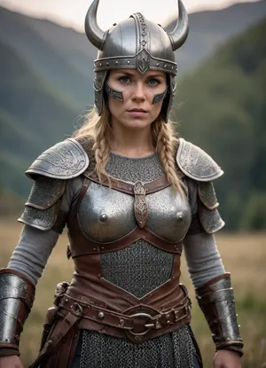 ultra-realistic, 8K HD, 50-years old women, viking warrior wearing helmet and chain mask, chainemail armor, fullbody