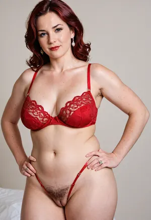 Classy Mature Woman, married, housewife, Japanese, hot mom, 60 year old mature milf, 1girl, solo, looking at viewer, cowboy shot, lush hair, big round natural breasts ptosis, D-cup breasts, red satin and lace bra, lace trim, lace, red satin and lace garter belt with straps, wearing brief style panty, red satin and lace panty, panty, leg holes of panty are cut high, very plump pelvis, plump pubis, bulging pubic mound, pubic hair overgrown, unshaven, hairy pubis, wide pubic hair, dark pubic hair, female pubic hair, pussy, hands on hips, very wide hips, huge hips, hourglass figure, fuller waistline, collarbone, black color stockings with lace tops, best quality, wearing a engagement ring on her left hand ring finger, bulging cameltoe, puffy cameltoe