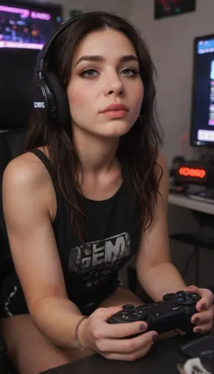 score_9, score_8_up, score_7_up, (incase, incase style:.6), (streamer woman, twitch, gamer girl, face closeup:1.2), (goth esthetic, long straight hair), (sitting, gamer chair, headphones), (focused expression, concentration, leaning forward, game controller), (profile, from aide)