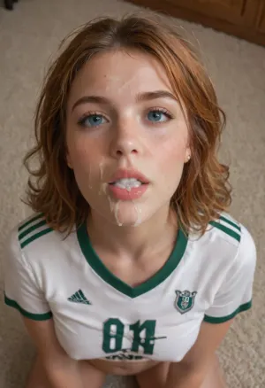 Close up of a 18-year-old Irish college students face, kneeling on floor, looking up at viewer, ginger curls, cum in mouth, cum on face, blue eyes, ultra realistic, skin pores, wearing Irish football jersey, detailed, eyes, freckles, skin, texture, photorealistic, cum dripping down from her lips, <lora:Super_Eye_Detailer_By_Stable_Yogi_SDPD0:.8>, facial, cum, on, face, breasts, stomach, covered, in, perfect, <lora:Facials:.8>