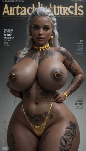 perfect Black African girl, ((Thicc body gold hip tattoos:1.6)), ((Silver Hair, golden beads choker, pierced puffy nipples, Absolutely Pitch Black Skin:1.9)), podium, lace top posing on the podium, ((Black Tits Magazine Cover, with golden beads chain thong)), ((detailed breasts skin and areolas)), epic detailed body and skin, ((huge thicc breasts, thicc huge ginormous breasts:1.4)), looking at the viewer, hair pulled back in one braid, silver hair, silver eyes, plump silicone lips, pink lips, long eyelash extensions, freckles expressive detailed eyes, ((massive broad hips:1.7)), huge_breasts, (Sensual Pose for Viewer:1), kl, jnnr, woman, full, body, tattoo, naked boobs, <lora:SDXL_MassiveCowsLoRA_v1:.7>, <lora:Microwaist_XL_v01:.4>, <lora:kl jnnr woman v1a:.9>, <lora:FBT-000002:.5>, <lora:BetterTextRedmond:.8>
