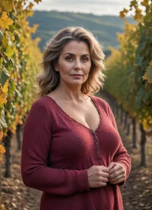 ultrarealistic, 8K HD, voluptuous 50-years old woman, detailed hair, detailed eyes, in a Alsatian vineyard, fall season, full body view