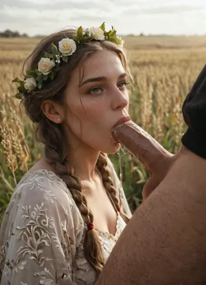 score_9, score_8_up, score_7_up, score_6_up, A traditional Slavic dress with intricate embroidery in red, white, and gold patterns. The outfit includes a long, flowing skirt, a richly decorated blouse with wide sleeves, and a woven belt with geometric designs. The dress is adorned with fine details, such as lace and beadwork. She is wearing a flower crown made of wildflowers and ribbons flowing down her back. The style reflects ancient Slavic culture, with natural materials and bright, vibrant colors, 1girl, 1man, Slavic, blonde, lush hair, curvy braids, beatiful face, blush on the face, braight gray eyes, white tradithional slavic shirt, (in an endless field of wheat), sunlight, detailed background, kinemographic environment, high resolution, blowjob, drool, (erotic:.5), <lora:TraumaZone:1>