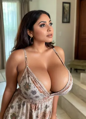 Voyuer photo In a modern minimalistic house, she’s looking away averted gaze, Bbw dusky indian, sexy sophisticated mature aunty, big hoop earings, colorful eye shadow, sexy makeup, light brown hazel eyes, (dark brown skin:1), (very big dark areolas), long black luscious hair, high detail clothes, beautiful pattern strapless boho sun dress, ((dress straps are down:1)), high angle, closeup, long lens, she’s leaning forward bending, big boobs hang down, smooshed together, (deep cleavage:1), busty round bosom, Tashruva, Mayra, <lora:milkers_v2:.8>, <lora:Tashruva-10:.8>, <lora:clothed_small:.8>, <lora:Mayra-10:.8>