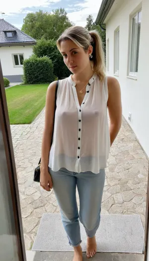 full body view, waiting at the open the door, stairs, focus face, look at the viewer, sweat, curvy, slender milf, very short, woman, 40 yo, pale skin, straight darkblond long hair, ponytail, freckles, cloudy day, germany, earrings, (very loose white sleeveless chiffon blouse with buttons), open some buttons, deep neckline, ((pookies)), jeans, barefoot, pretty Feed With veins, necklace, handbag, date, elegant, pretty, outside, modern house, garage, street, courtyard entrance, light by flash, looks like a real pic, carina, seethru, <lora:seethruv3_SDXL:.6>