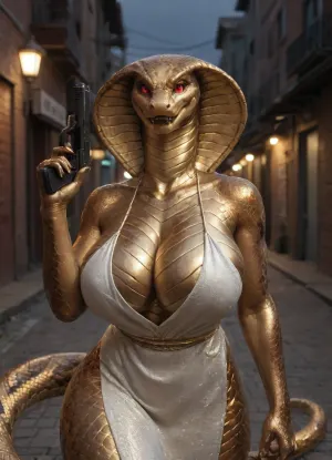1girl, solo, jastaf, snake, anthro, red eyes, glowing shiny, gold metal skin, gold, fangs, smirk, snake tail, (((furry art, anthro snake woman, big breasts, detailed golden metallic skin))), gold skin, white dress, cleavage cutout, turtleneck dress, skirt cutout, thigh cutout, selfie, (holding handgun gold handgun:1), desert eagle, close-up, outdoors, alley, dark lighting, night, nightclub, city, BREAK
masterpiece, best quality, newest, absurdres, highres, amazing quality, very aesthetic