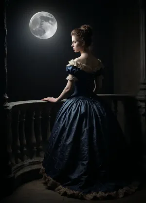 18th century, woman, 40 years old, wearing an elegant velvet dress with rich embroidery and lace, The fabric is light and pastel, and the dress has a narrow waist, a corset, an elongated skirt, a voluminous silhouette, short sleeves with lace frills, delicate lace collar, standing on the balcony, rear view, (dark night), just moonlight, (Peter, Paul, Rubens, Style:1.6), (John, Constable, Style, page:1.4), (BJ_Full_Moon:1.3), <lora:Peter Paul Rubens Style:.8>, <lora:Full_Moon(7560):.8>, <lora:dark:.8>