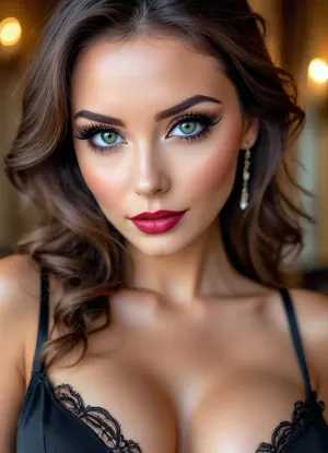 Ultra realistic, Super high quality fantasy photo, (((32k quality))), woman, Portrait, 30 yo vampire seductress, brunette hair, beautiful french, instagram model in fantasy castle, ((fantasy, with low light)), 30 years old, happy, perfect, Sexy black satin dress, not naked, long wavy tousled hair, hair half up half down, perfect face, eye contact, huge eyes, (very long black false eyelashes), tiny nose, full round plump lips, cupid's bow lips, gorgeous, sexy, sensual, seductive eyes and look, <lora:BUT_SDXL_SHS:1.6>, <lora:710302_training_data:.9>, <lora:attractive_notrigger:1.6>