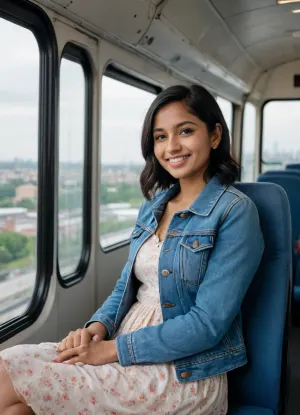 A young Indian woman, short black hair, brown skin, with small breast sitting inside a bus, with a city view blurred in the background. She is smiling gently, wearing a denim jacket and a white floral-patterned dress. The seat is upholstered with blue fabric. The interior has black frame supports and large windows, showing an overcast sky and distant buildings, destroyed by demolitions