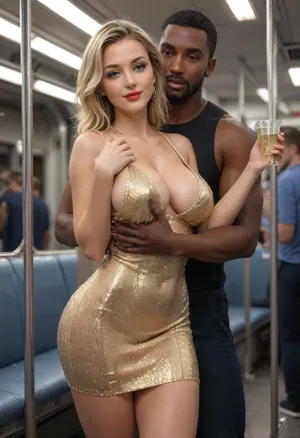 (masterpiece, best quality), (Dimly lit:1.7), explicit interracial couple standing on the subway. French woman, blonde hair, facing the camera, 40 years old, (beautiful:1.7), (soft natural teardrop breasts), (C cup breasts), dressed, no bra, natural hanging breasts, protruding nipples, perfect heavy makeup, red lipstick, wedding ring, (curvy:1.5), ((fertile goddess)), wide hips, big bubble butt, thick thighs, seductive eyes, wry smile, looking at the viewer, closed lips, sexy head-tilt, sequin party minidress, ((embraced from behind)), by, 1man, (((male model face))), black African, black skin, smart clothes, muscular, athletic, bulging brutish muscles, his massive masculine hands are holding her hips, (holding_another’s_hips:1.6), . Subway train, empty, deserted, dim lighting, artificial lighting, late night setting, energetic tone, high-angle, front/side view, strip light lighting from the front, desaturated colours, captured with a Leica M10, Leica Summilux 50mm f/1.4 lens, sharp focus, best shadow, score_9, score_8_up, 8K, UHD, clear image, extremely sharp, extremely detailed, extremely intricate detail, high res, ultra-high-definition, highly detailed, ultra-sharp textures, finely detailed, perfect skin texture, hyperrealistic lighting, professional photography, full dynamic range, deep contrast, high clarity, realistic depth of field, HDR, perfect exposure, smooth gradients, volumetric lighting, natural reflections, ultra-fine details, realistic skin pores, individual hair strands, bokeh, soft shadows, color-graded, cin3, Subw4y, tr41n, detailxl, <lora:attractive_notrigger:1.5>, <lora:681678_training_data:.8>, <lora:cine:.8>, <lora:Subw4y_tr41n:.8>