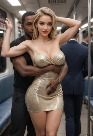 (masterpiece, best quality), (Dimly lit:1.7), explicit interracial couple standing on the subway. French woman, blonde hair, facing the camera, 40 years old, (beautiful:1.7), (soft natural teardrop breasts), (C cup breasts), dressed, no bra, natural hanging breasts, protruding nipples, perfect heavy makeup, red lipstick, wedding ring, (curvy:1.5), ((fertile goddess)), wide hips, big bubble butt, thick thighs, seductive eyes, wry smile, looking at the viewer, closed lips, sexy head-tilt, sequin party minidress, ((embraced from behind)), by, 1man, (((male model face))), black African, black skin, smart clothes, muscular, athletic, bulging brutish muscles, his massive masculine hands are holding her hips, (holding_another’s_hips:1.6), . Subway train, empty, deserted, dim lighting, artificial lighting, late night setting, energetic tone, high-angle, front/side view, strip light lighting from the front, desaturated colours, captured with a Leica M10, Leica Summilux 50mm f/1.4 lens, sharp focus, best shadow, score_9, score_8_up, 8K, UHD, clear image, extremely sharp, extremely detailed, extremely intricate detail, high res, ultra-high-definition, highly detailed, ultra-sharp textures, finely detailed, perfect skin texture, hyperrealistic lighting, professional photography, full dynamic range, deep contrast, high clarity, realistic depth of field, HDR, perfect exposure, smooth gradients, volumetric lighting, natural reflections, ultra-fine details, realistic skin pores, individual hair strands, bokeh, soft shadows, color-graded, cin3, Subw4y, tr41n, <lora:attractive_notrigger:1.5>, <lora:681678_training_data:.8>, <lora:cine:.8>, <lora:Subw4y_tr41n:.8>